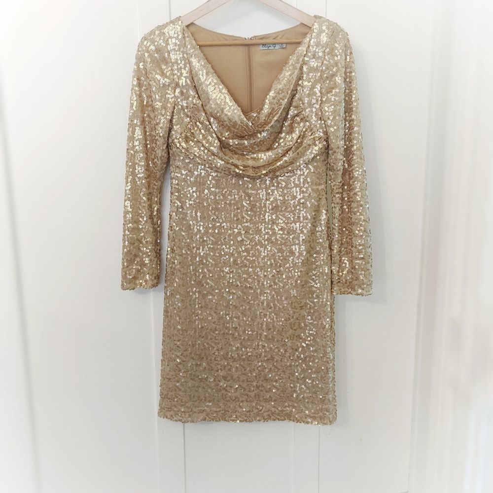 SHOWSTOPPER Gold Sequin Draped Front Bodycon Dress